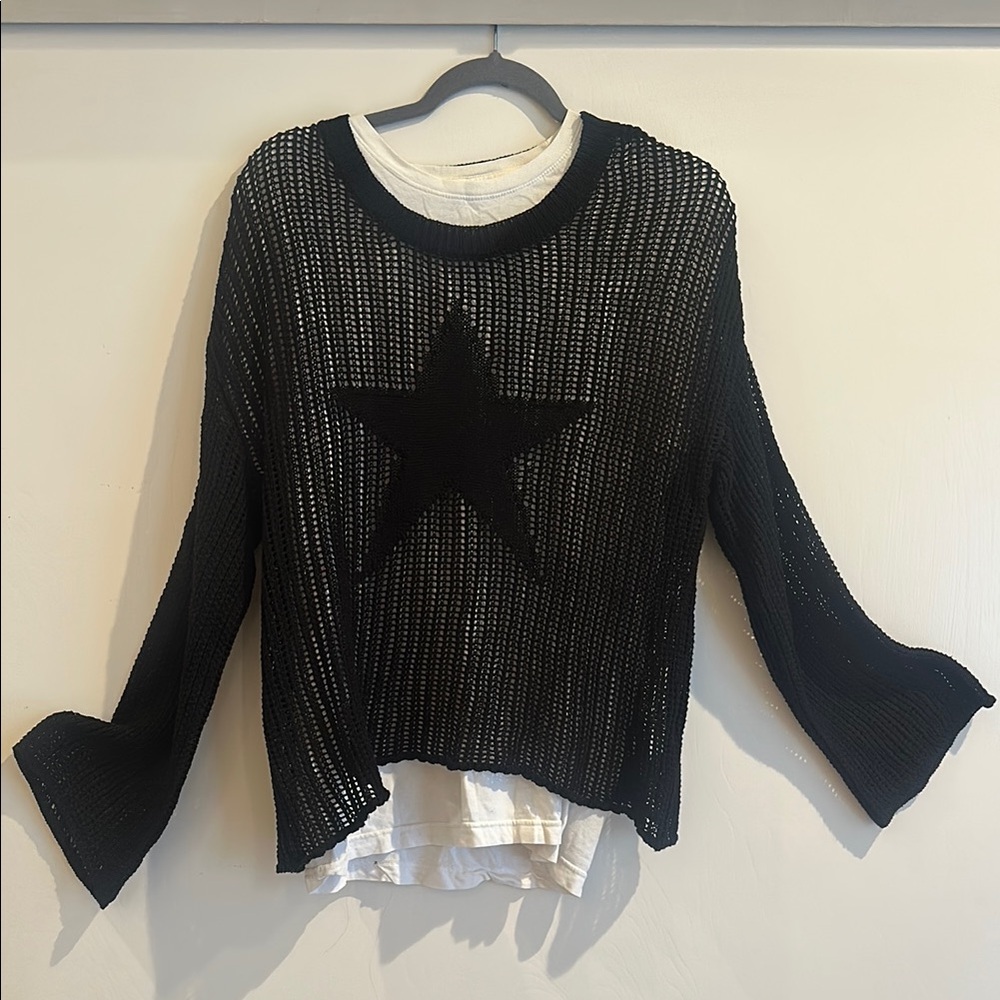 Black Open Knit Sweater with Star Detail